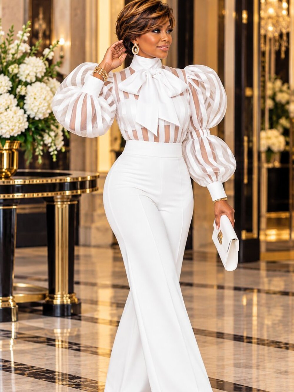 Elegant White Bow Neck Puff Sleeve Wide Leg Pants Set M
